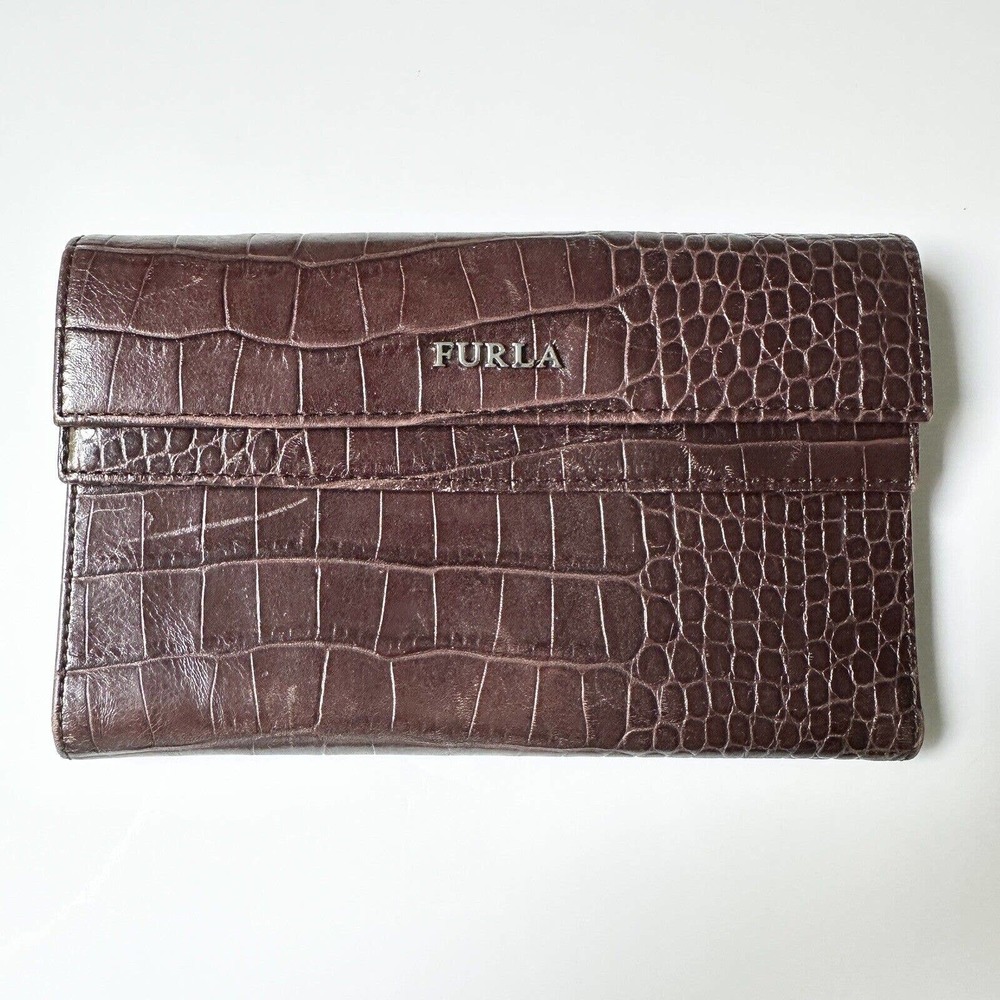Vintage Furla Brown Croc Leather Wallet Made in Italy Double Flap